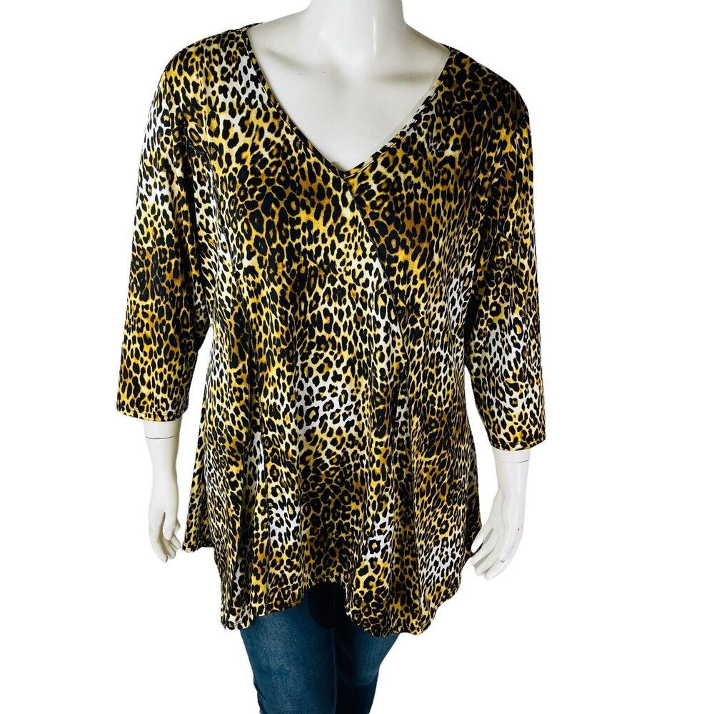 Notations Womans Sz 2X Blouse 3/4 Sleeve Animal V Neck Stretch Tunic Black